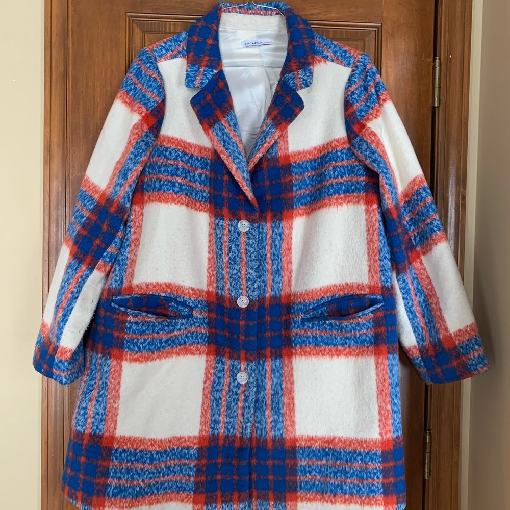 Isaac Mizrahi plaid faux camel hair Trench Coat